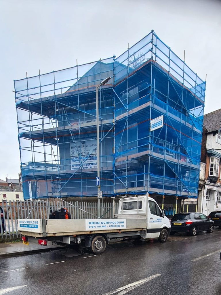Scaffolding structure at Cheapside, Luton LU1, installed by Aron Scaffolding for external building work.